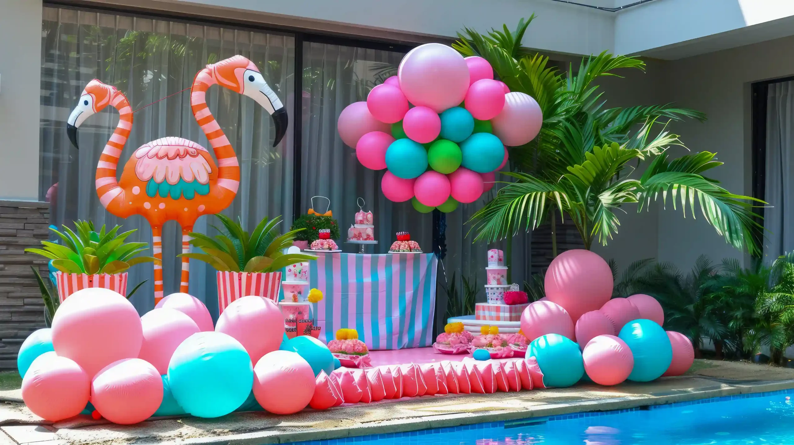 vibrant-poolside-party-decoration-setup-with-pink-flamingo-inflatables-colorful-balloons_11zon