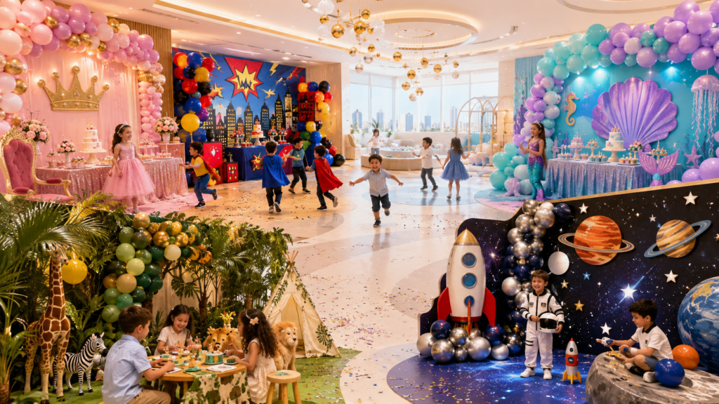 Kids birthday party themes in Dubai with decorations, cake table, indoor play and children celebrating