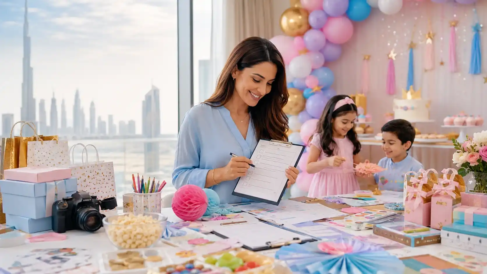 Parent reviewing a birthday party checklist for their child's celebration in Dubai