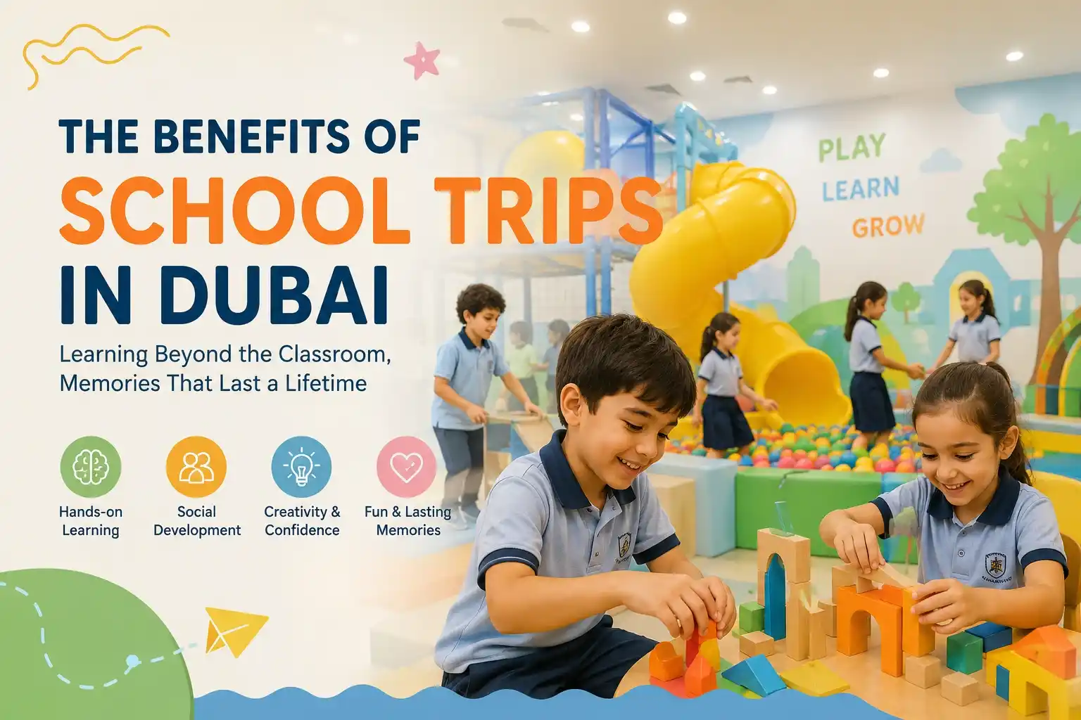 Children enjoying an educational school trip with play activities and creative learning in Dubai