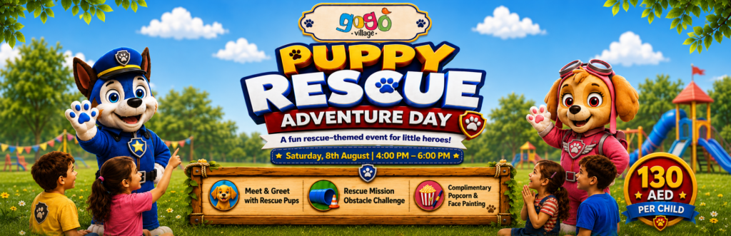 Puppy Rescue Adventure Day kids event at Gogo Village Dubai with rescue pups, obstacle challenge, face painting, popcorn and picture time