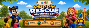Puppy Rescue Adventure Day kids event at Gogo Village Dubai with rescue pups, obstacle challenge, face painting, popcorn and picture time