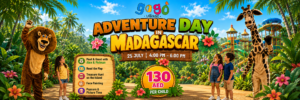 Adventure Day in Madagascar kids event at Gogo Village Dubai with character meet and greet, treasure hunt, face painting and popcorn
