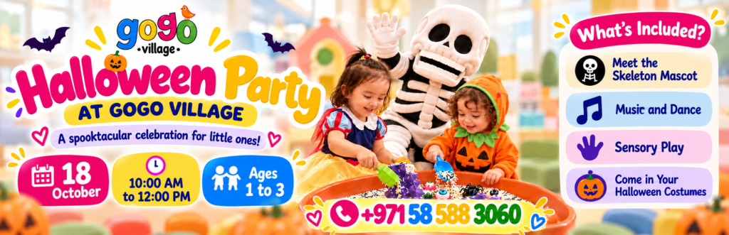 Toddlers Halloween Party at Gogo Village Dubai for toddlers with skeleton mascot, music and dance, sensory play and Halloween costumes