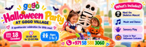 Toddlers Halloween Party at Gogo Village Dubai for toddlers with skeleton mascot, music and dance, sensory play and Halloween costumes